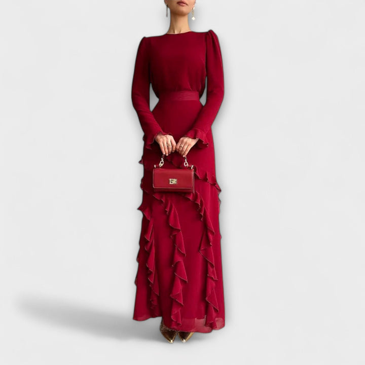 Fallon - Robe Longue Ajustée avec Volants en Trois Dimensions