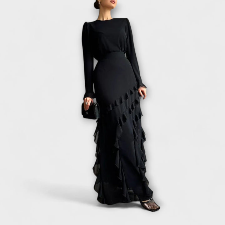 Fallon - Robe Longue Ajustée avec Volants en Trois Dimensions