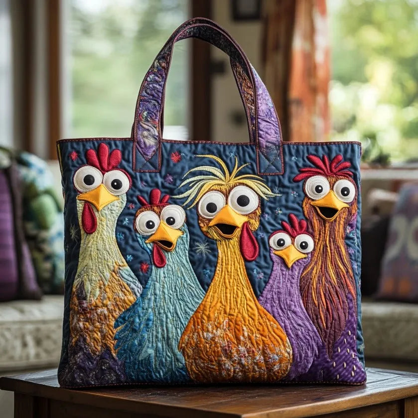Sac artisanal cinq poules colorées fait main – design champêtre joyeux – Aveline Lyon