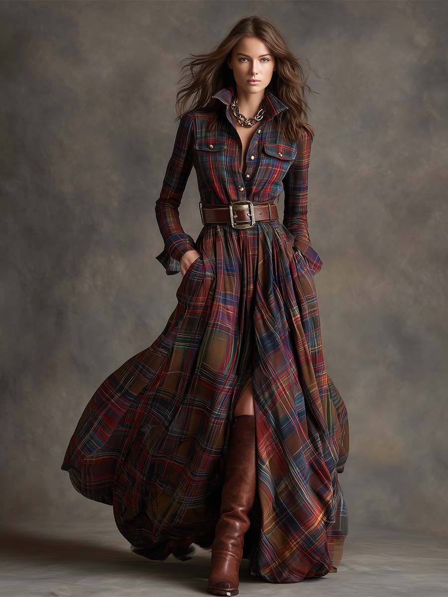 Giulietta - Robe Chemise Maxi à Carreaux avec Ceinture