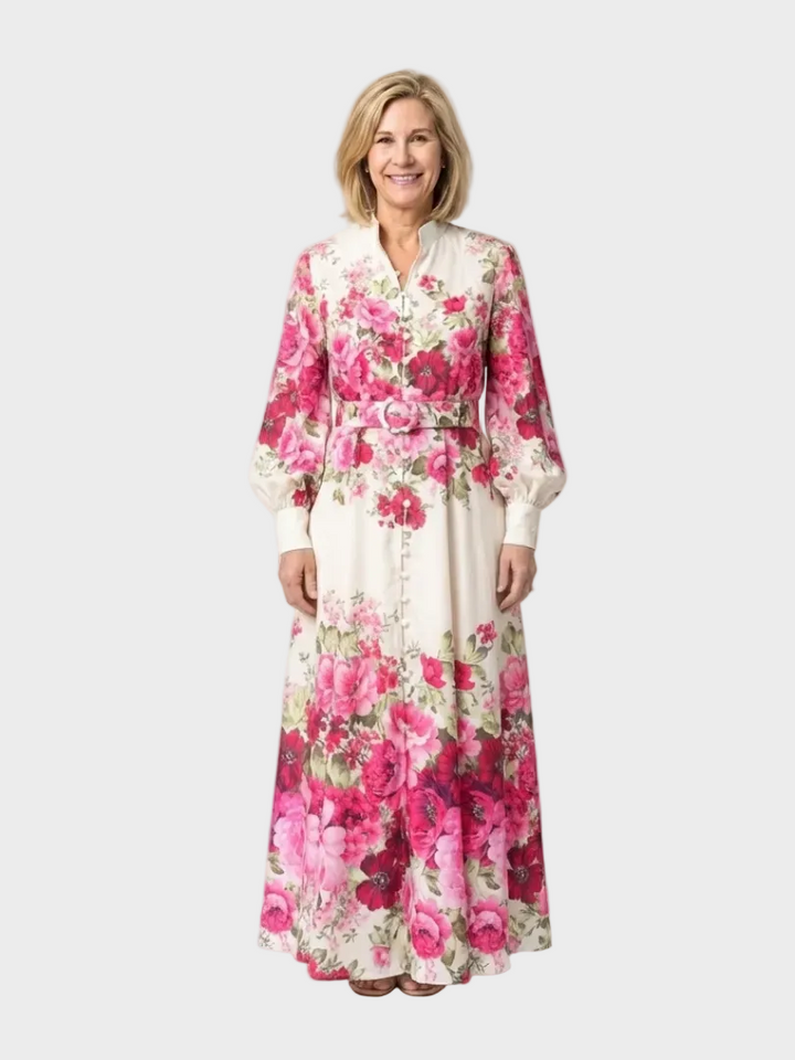 Kennedy robe maxi fleurie ceinture femme – silhouette cintrée florale – Aveline Lyon