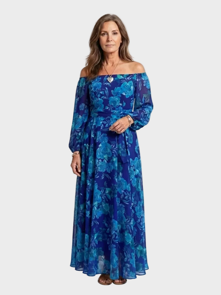 Aspen robe maxi fleurie épaules dégagées femme – style estival romantique – Aveline Lyon