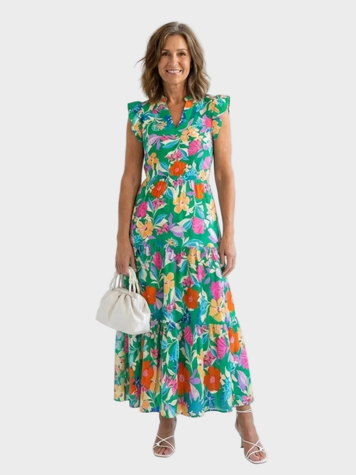 Lila robe midi florale élégante femme – style raffiné et féminin – Aveline Lyon