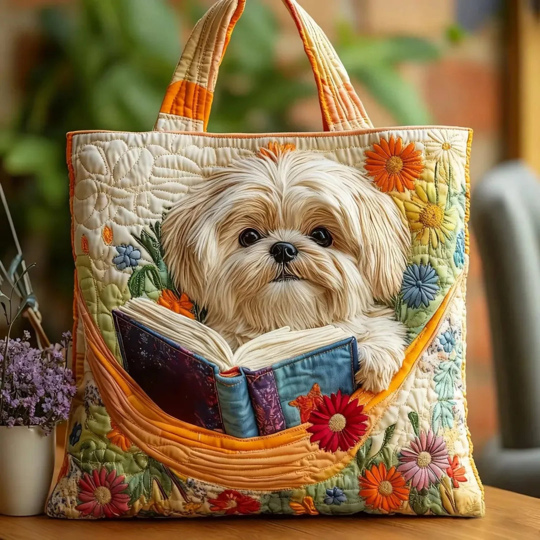 Sac artisanal Shih Tzu livres et fleurs fait main – design animalier fleuri – Aveline Lyon