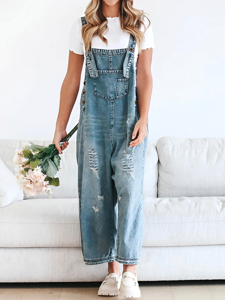 Salopette en Denim Délavée à Coupe Lâche