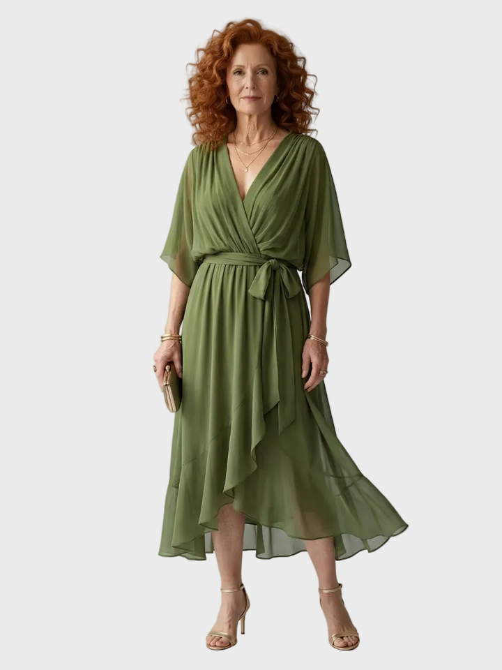 Elric robe midi drapée légère femme – style fluide et élégant – Aveline Lyon