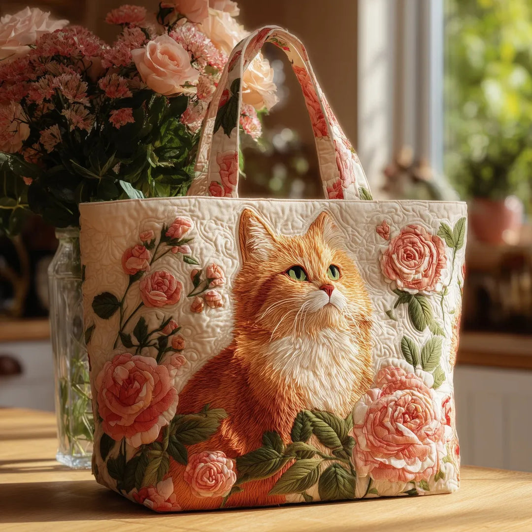 Sac artisanal chat orange avec roses fait main – pièce unique originale – Aveline Lyon