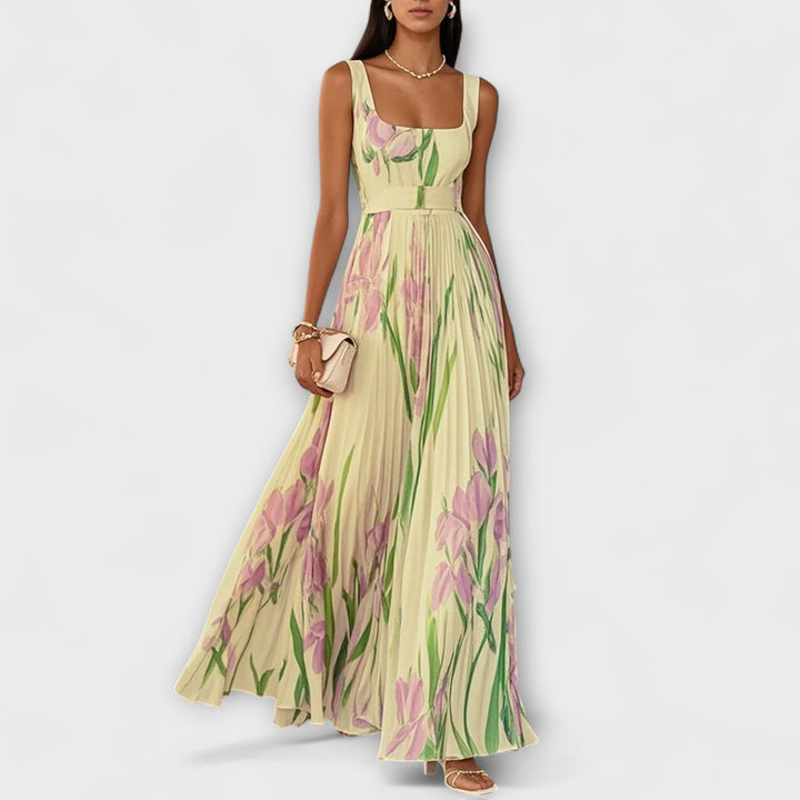 Robe Maxi Chiffon Fleurie Pliée