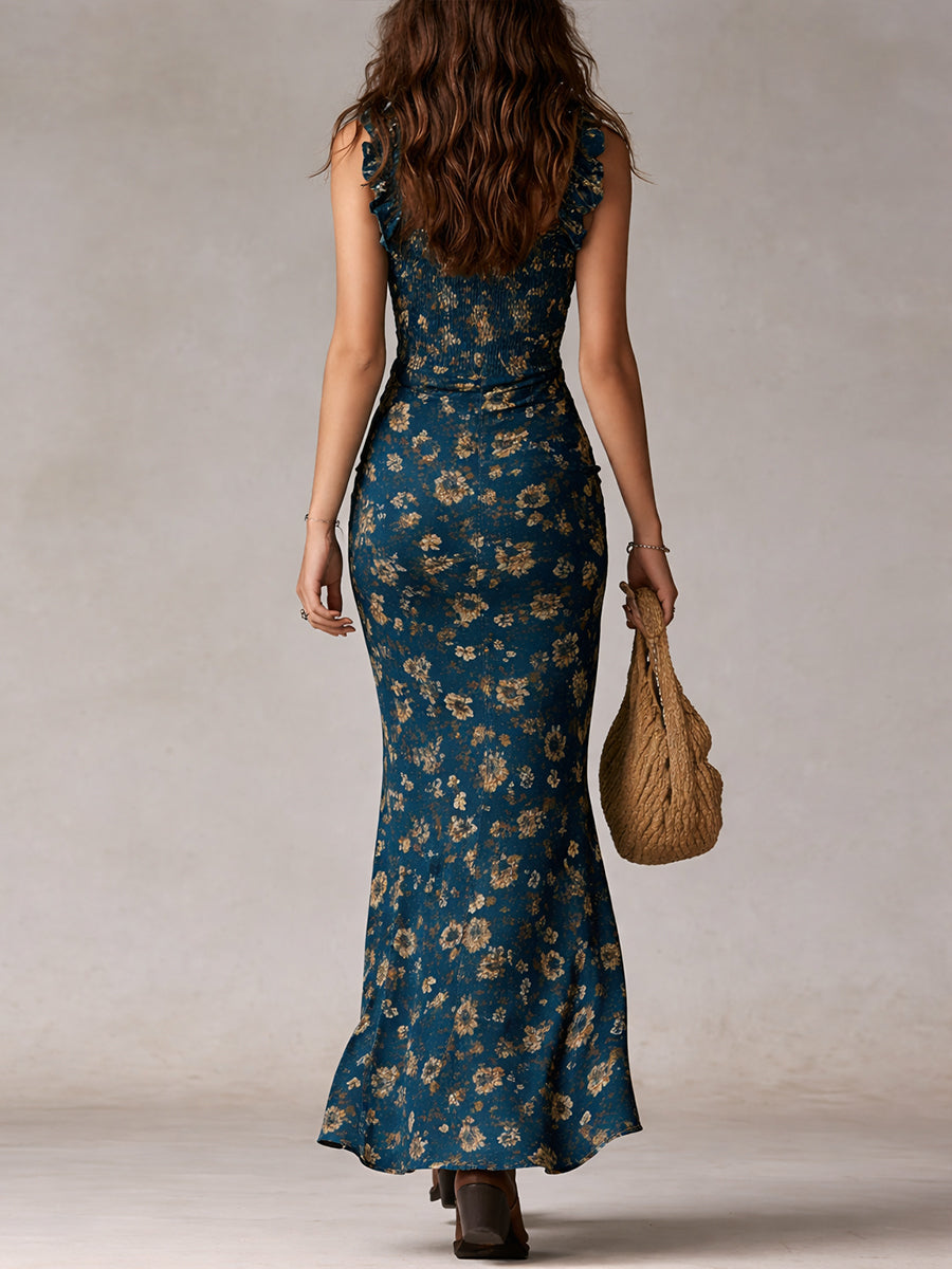 Charlotte - Robe Maxi Boho Rétro à Manches Volantes et Fente Haute