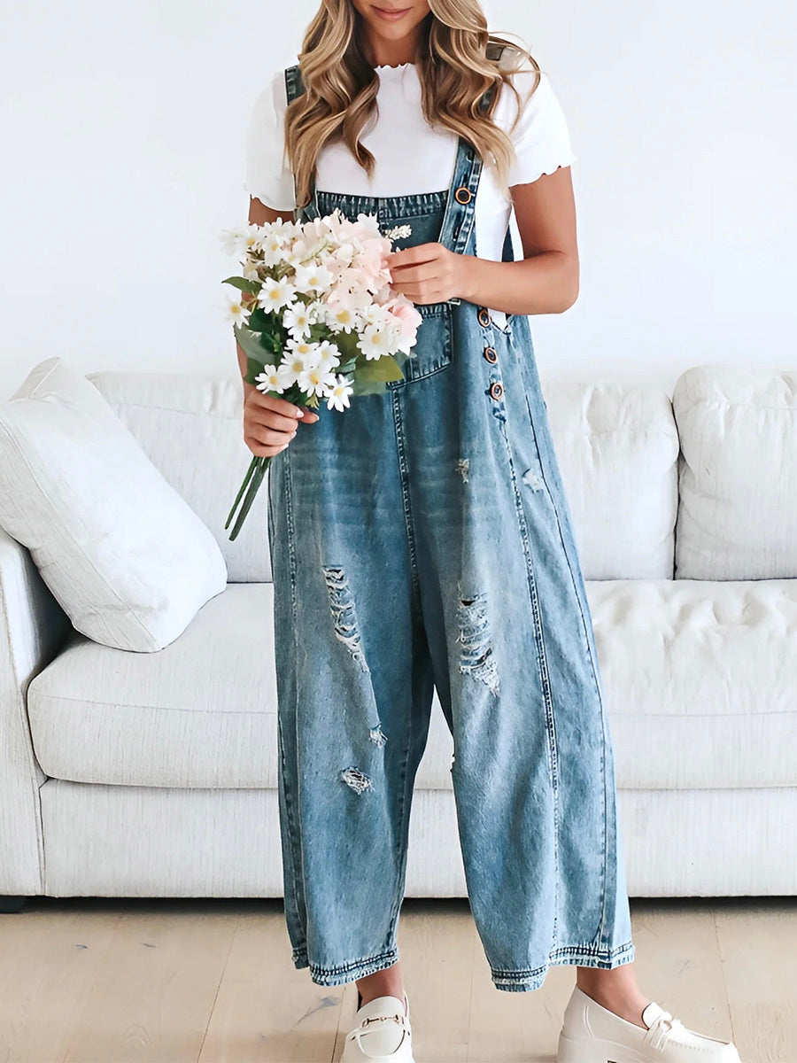 Salopette en Denim Délavée à Coupe Lâche