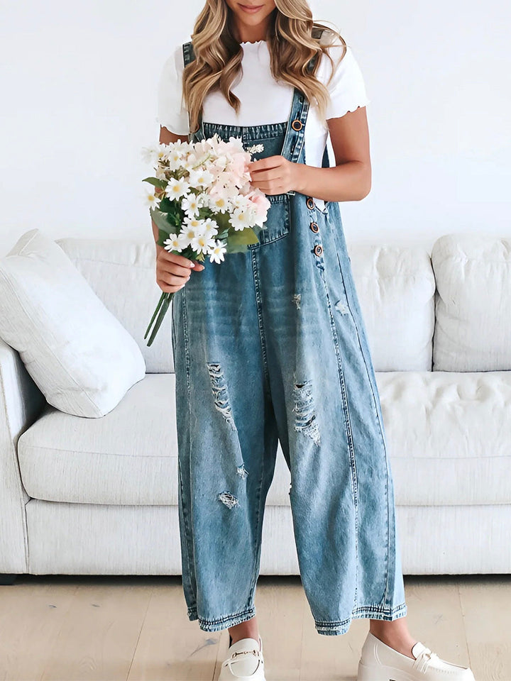 Salopette en Denim Délavée à Coupe Lâche