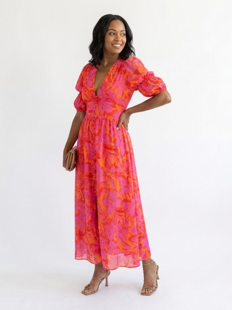 Willow | Robe Midi Fleurie à Manches Bouffantes