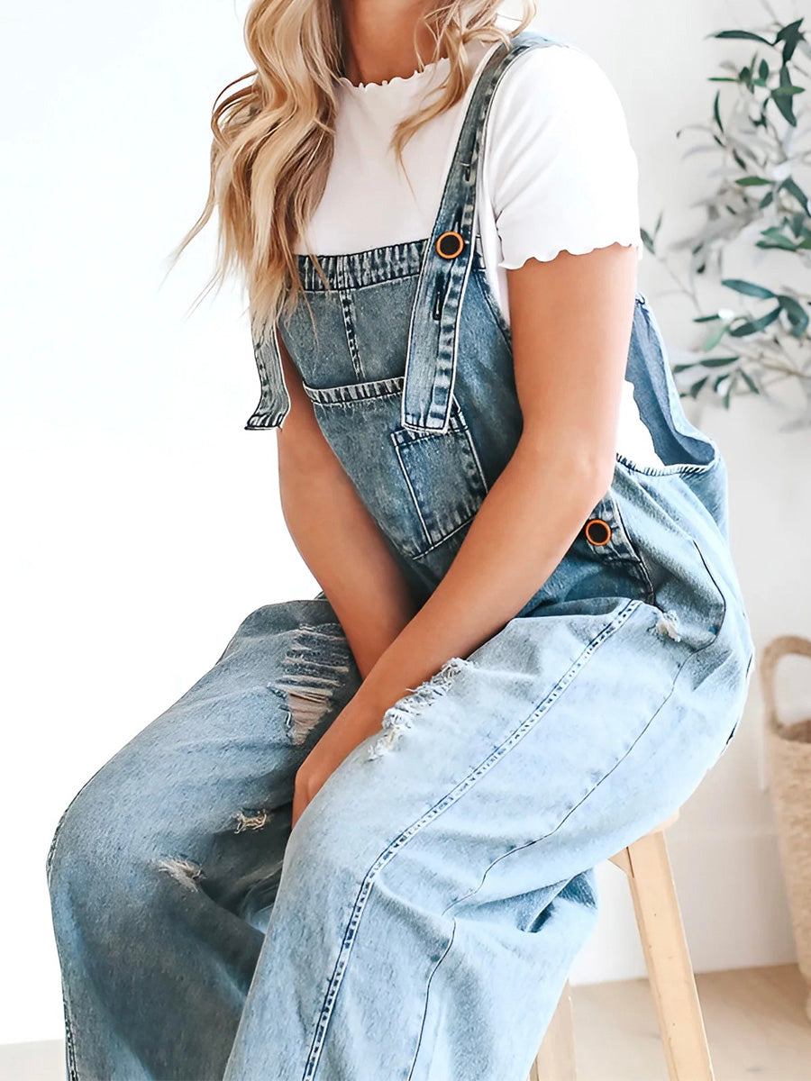 Salopette en Denim Délavée à Coupe Lâche