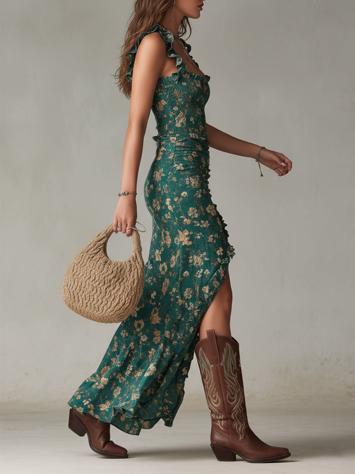 Charlotte - Robe Maxi Boho Rétro à Manches Volantes et Fente Haute