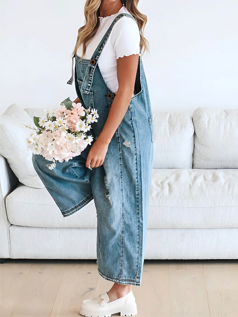 Salopette en Denim Délavée à Coupe Lâche