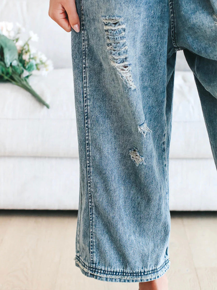 Salopette en Denim Délavée à Coupe Lâche