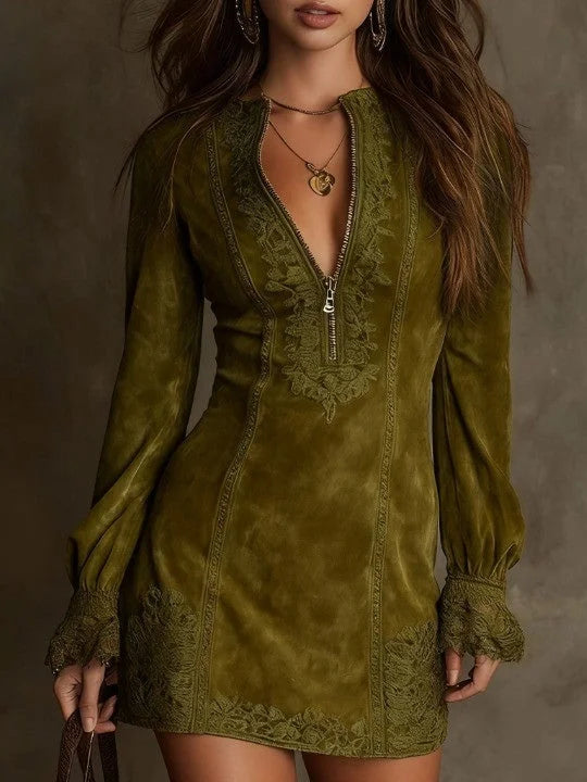 Lunori™ | Robe Mini en Suède Aurora avec Dentelle