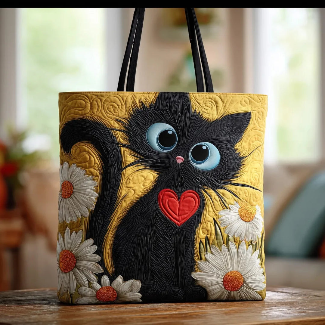 Sac artisanal chat noir avec marguerites fait main – design félin et fleuri – Aveline Lyon