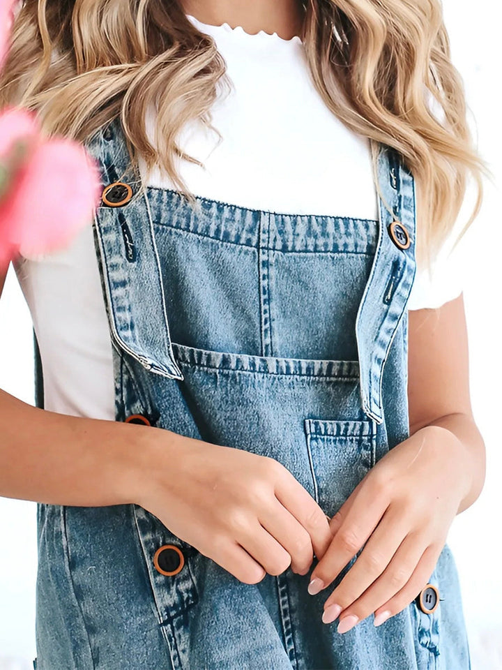 Salopette en Denim Délavée à Coupe Lâche