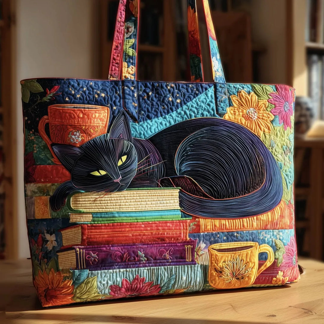 Sac artisanal chat noir livres et tasses fait main – design cosy félin – Aveline Lyon