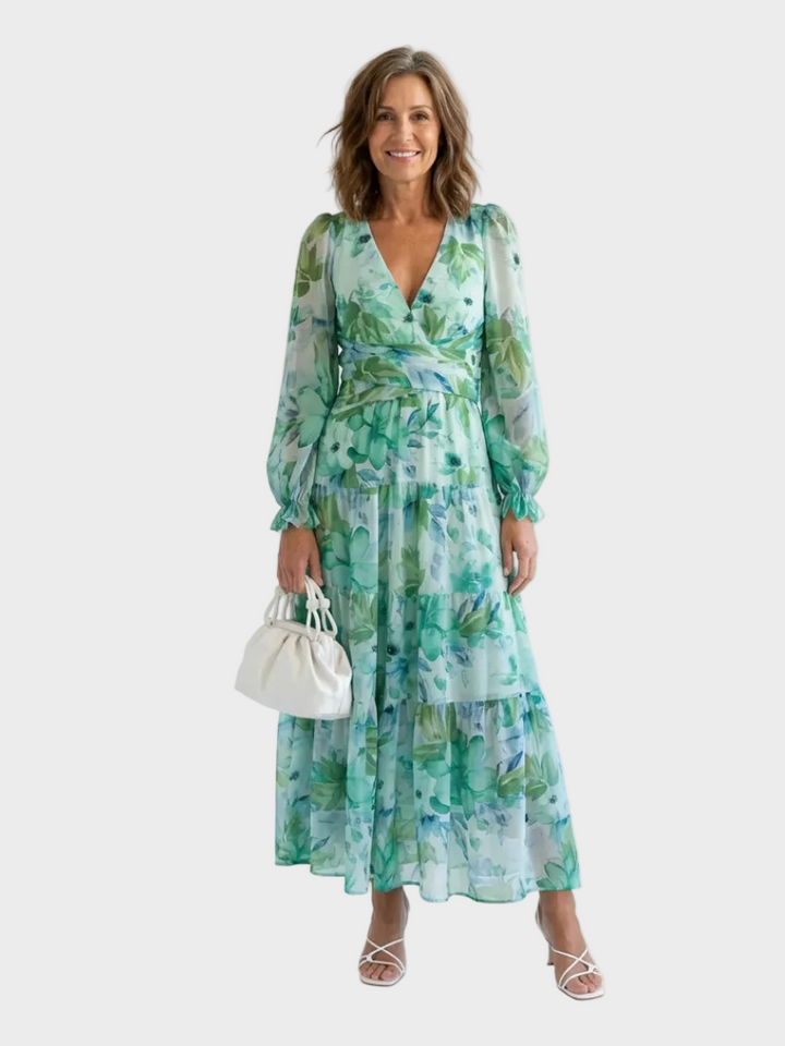 Althea robe maxi fleurie manches longues femme – style romantique élégant – Aveline Lyon