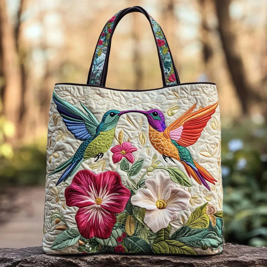 Sac artisanal colibri et fleurs blanches fait main – design naturel délicat – Aveline Lyon