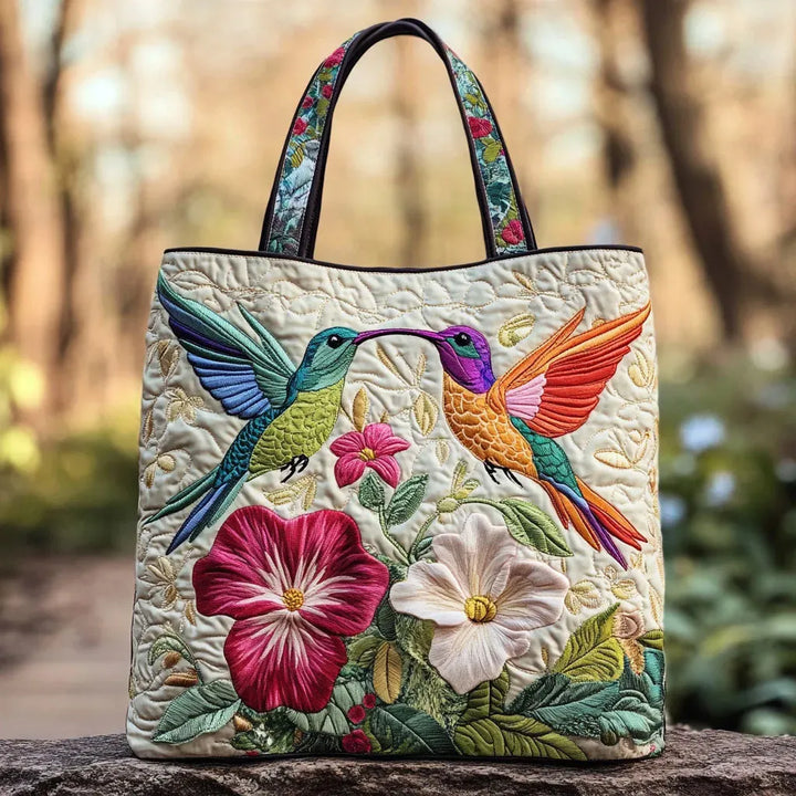 Sac artisanal colibri et fleurs blanches fait main – design naturel délicat – Aveline Lyon