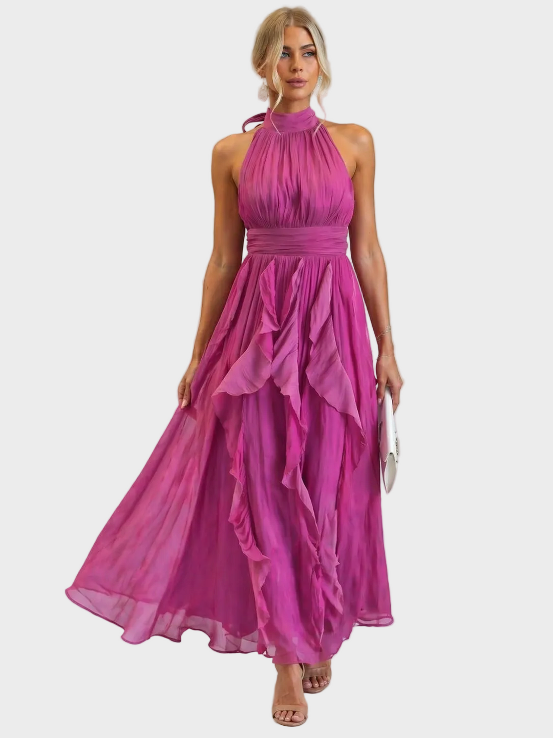 Celestia robe maxi col halter volanté femme – style romantique estival – Aveline Lyon