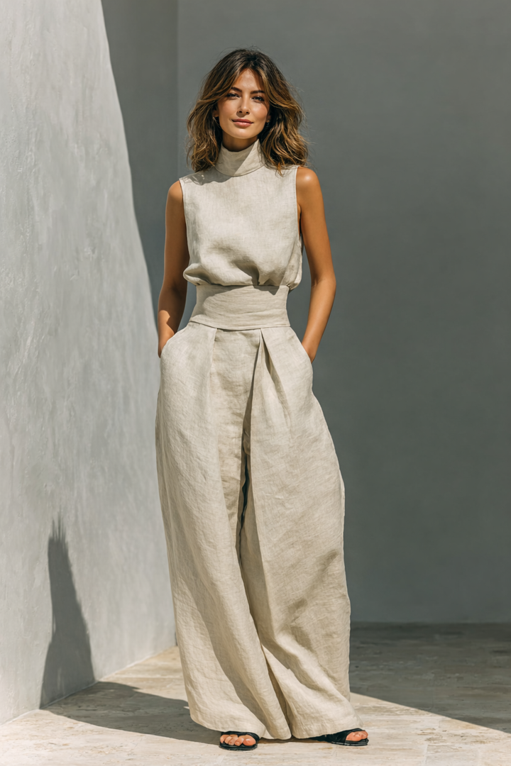 Juliette - Ensemble en lin avec col montant et pantalon large