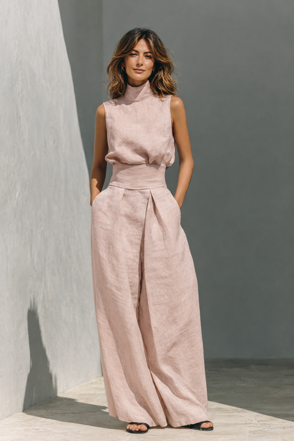 Juliette - Ensemble en lin avec col montant et pantalon large