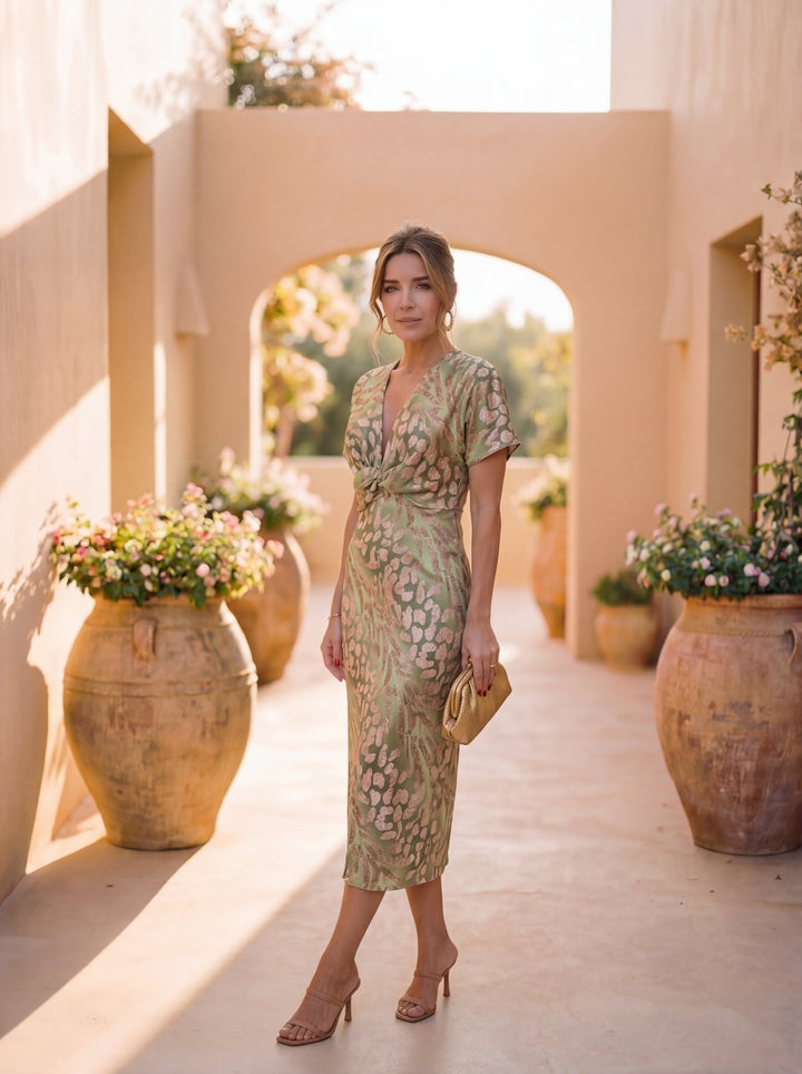 Camille - Robe midi élégante à encolure en V et nœud sur le devant