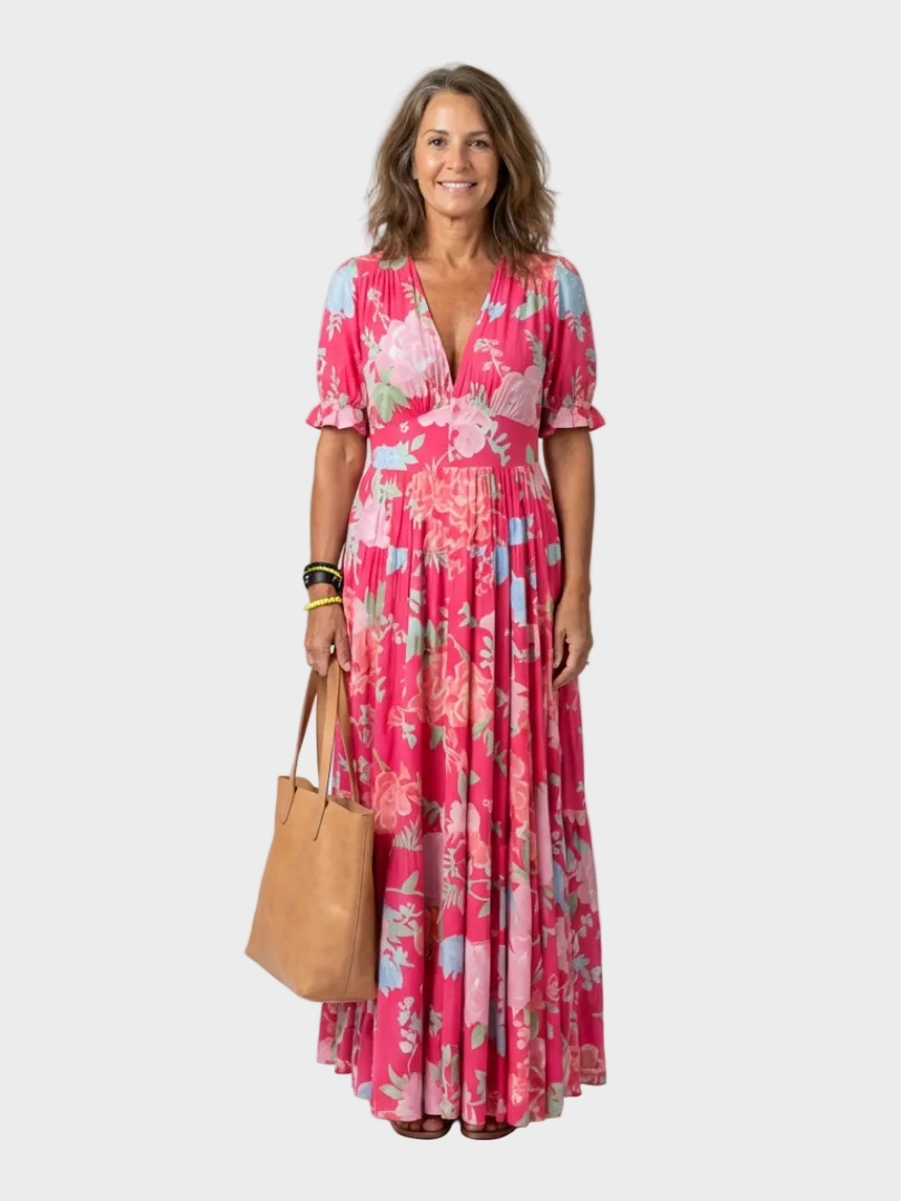 Ione robe midi fleurie manches courtes col V femme – style romantique – Aveline Lyon