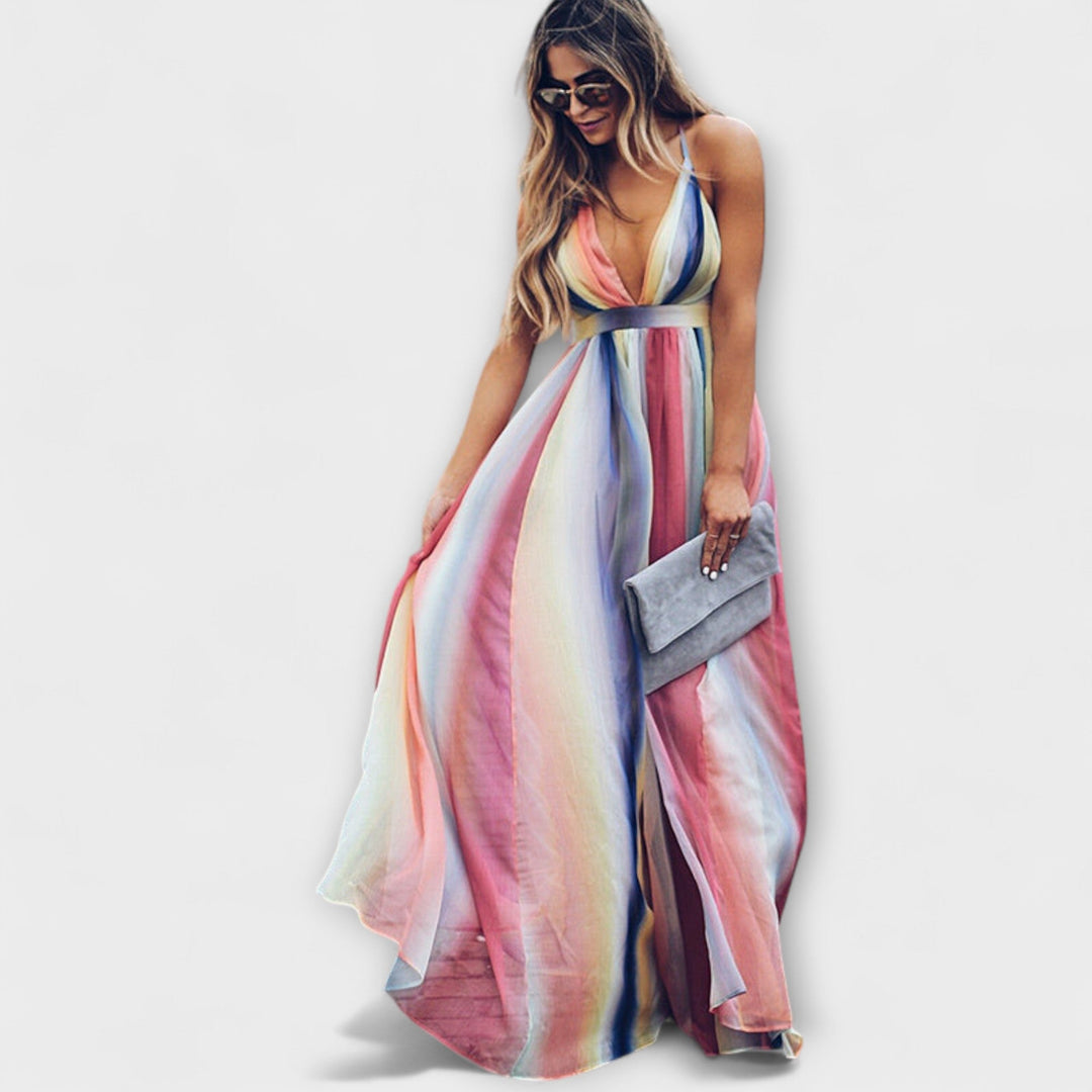 Robe Femme Rayée Multicolore avec Décolleté en V