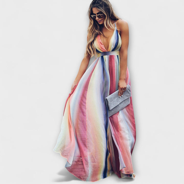 Robe Femme Rayée Multicolore avec Décolleté en V