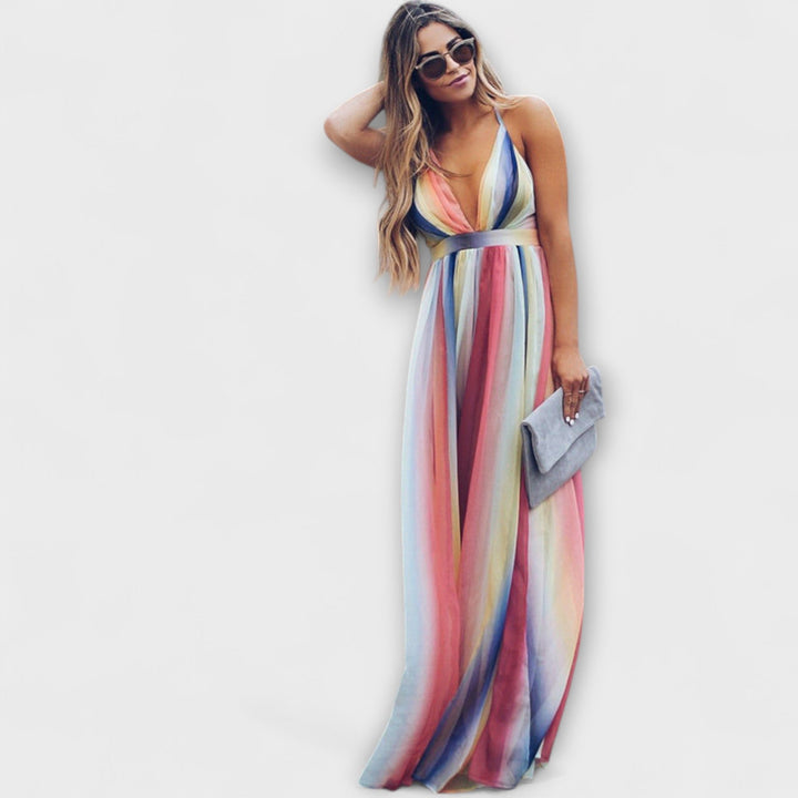 Robe Femme Rayée Multicolore avec Décolleté en V