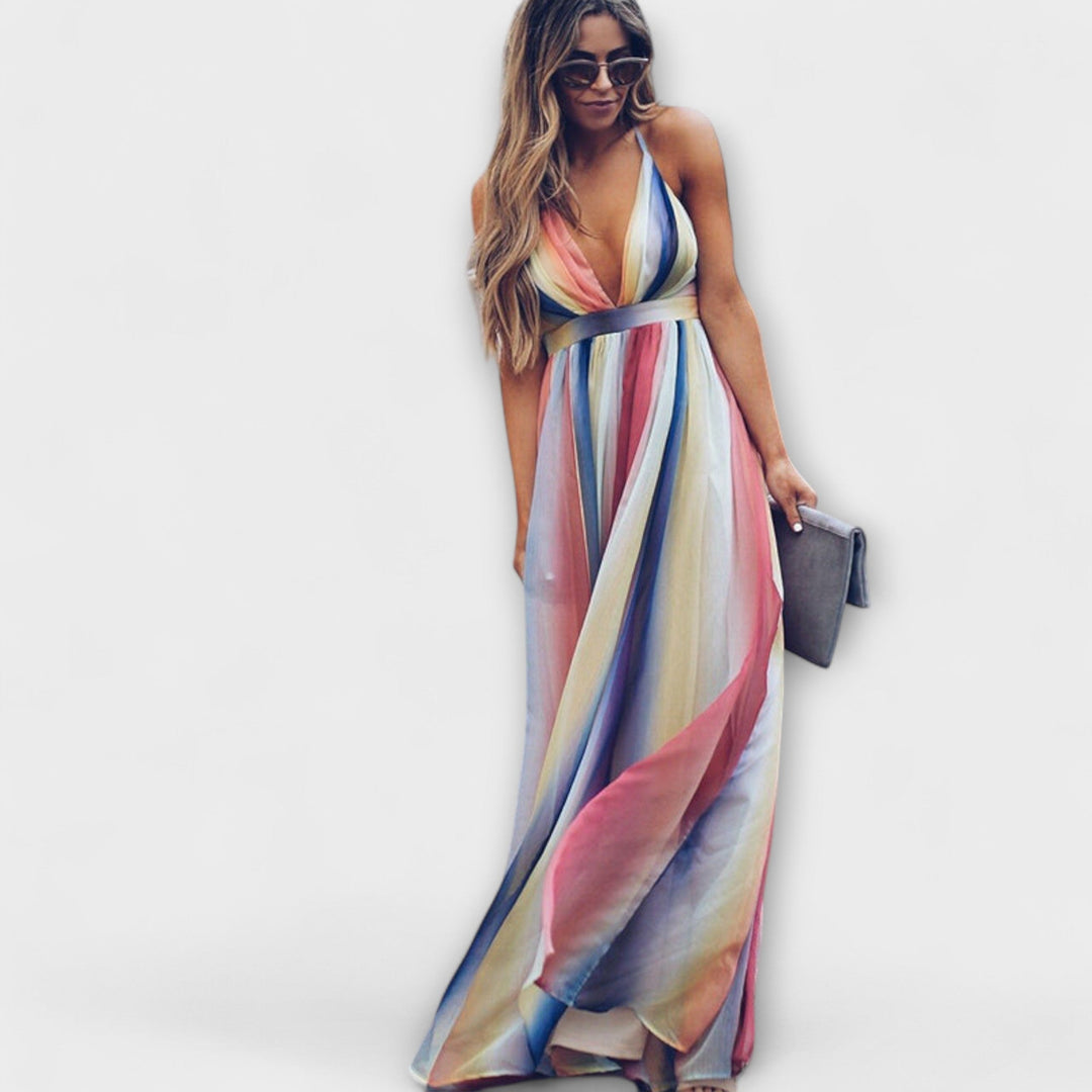 Robe Femme Rayée Multicolore avec Décolleté en V