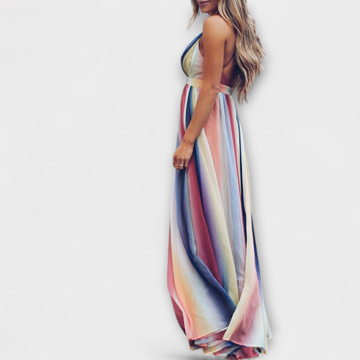 Robe Femme Rayée Multicolore avec Décolleté en V