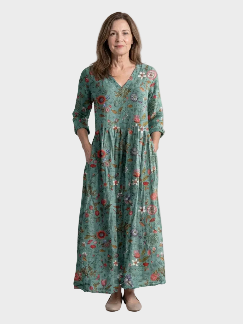 Marina robe maxi florale manches trois quarts femme – style romantique élégant – Aveline Lyon