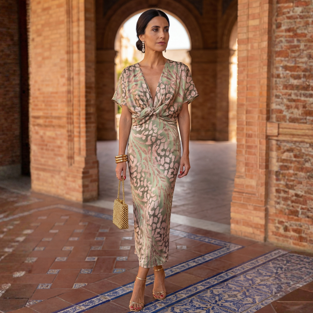 Camille - Robe midi élégante à encolure en V et nœud sur le devant