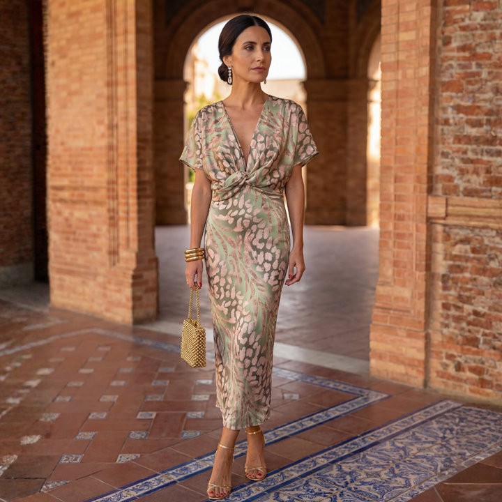 Camille - Robe midi élégante à encolure en V et nœud sur le devant
