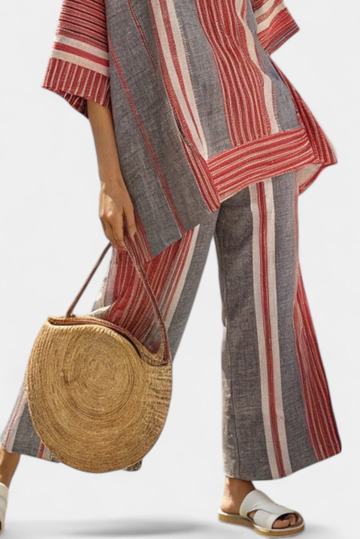 Bravine | Haut en lin élégant corail-gris et pantalon à jambes larges