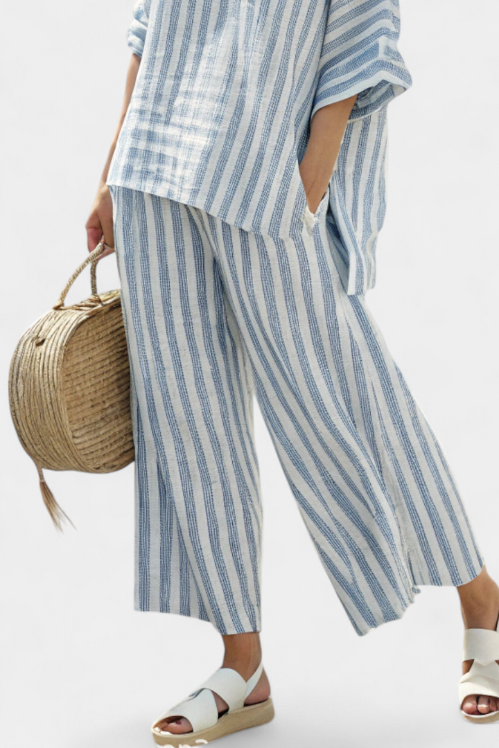 Rensleigh | Haut en lin rayé bleu sophistiqué & Pantalons décontractés