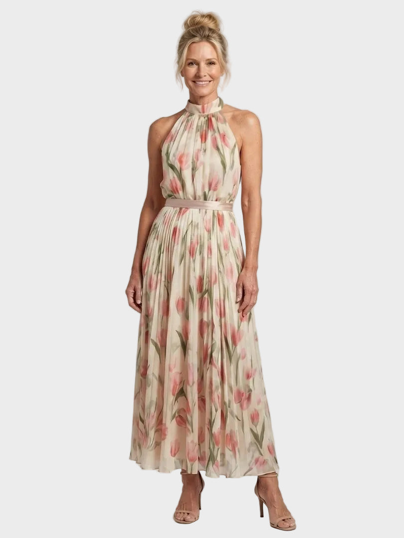 Aurelle robe midi fleurie col halter femme – look estival élégant – Aveline Lyon