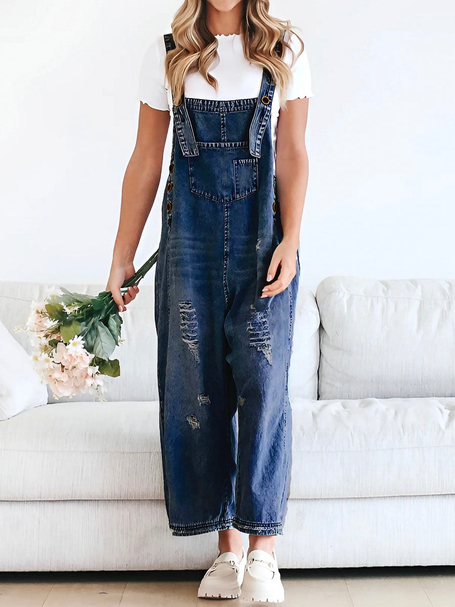 Salopette en Denim Délavée à Coupe Lâche