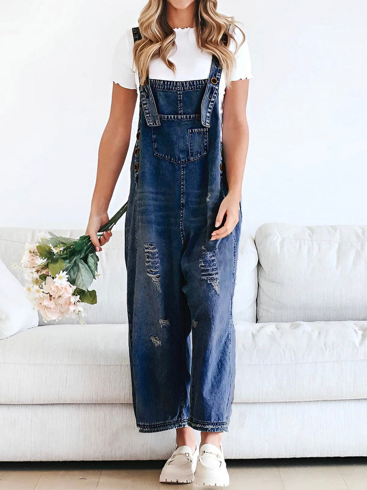 Salopette en Denim Délavée à Coupe Lâche