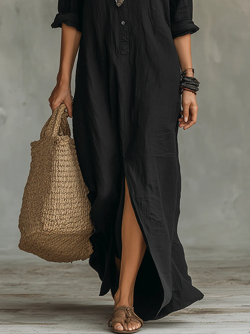 Soline™ | Robe Maxi Noire Ample avec Boutons