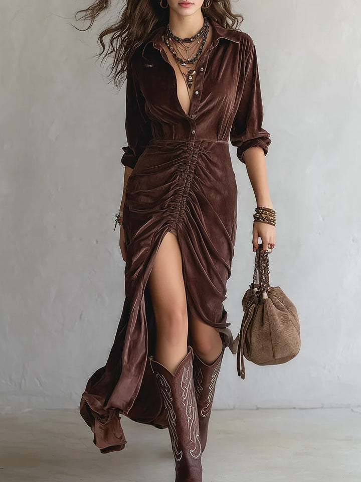 Lunori™ Thalisse | Robe Midi en Velours Plissé