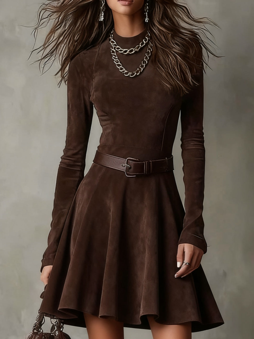Noémie™ | Robe Mini Vintage en Suède Marron Foncé