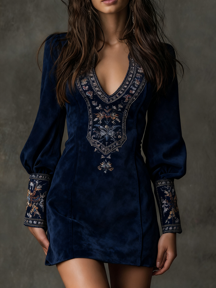 Lunori™ | Robe Mini en Suédine Brodée en Violet