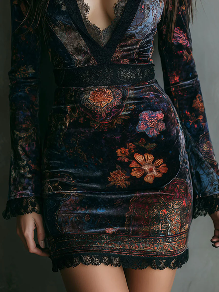 Lunori™ | Robe Mini en Velours Floral Sofia